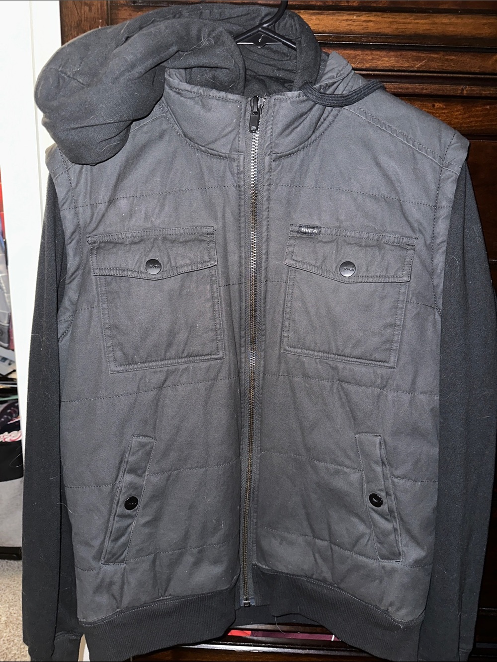 RVCA Men's Charcoal Quilted Hooded Puffer Jacket